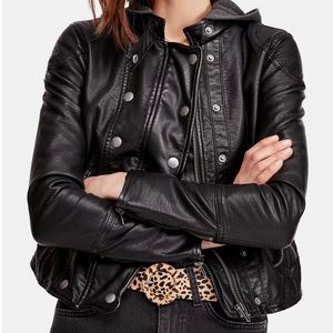 Free People Size Small $168 New Dawn Vegan Leather Black Hooded Jacket Coat NWT